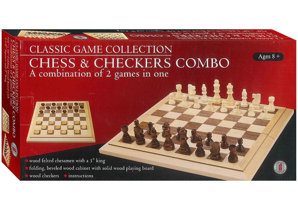 Classic Game Collection Chess & Checkers Combo Folding 16" Beveled Wooden Board