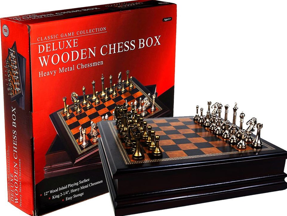 Classic Games Dlx Wooden Chess Box Heavy Metal Chessmen