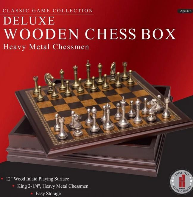 Classic Games Dlx Wooden Chess Box Heavy Metal Chessmen