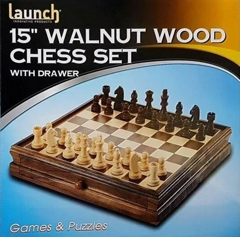 Chess  Set Dlx Walnut Wood With Drawer 15"