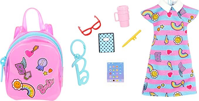 Barbie Pink & Blue Stripe Dress W/ Backpack And Accessories Pack