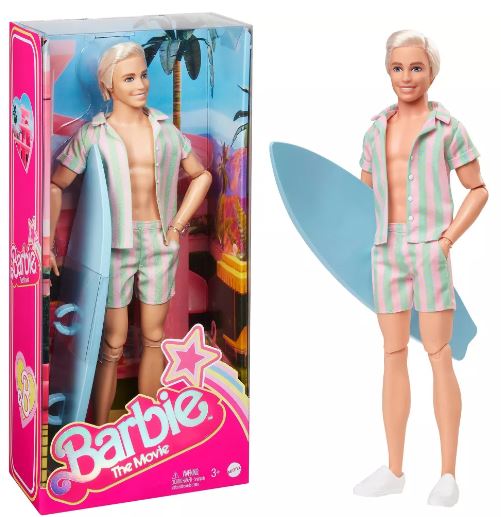 Barbie Movie Ken Doll With Surfboard & Striped Shirt