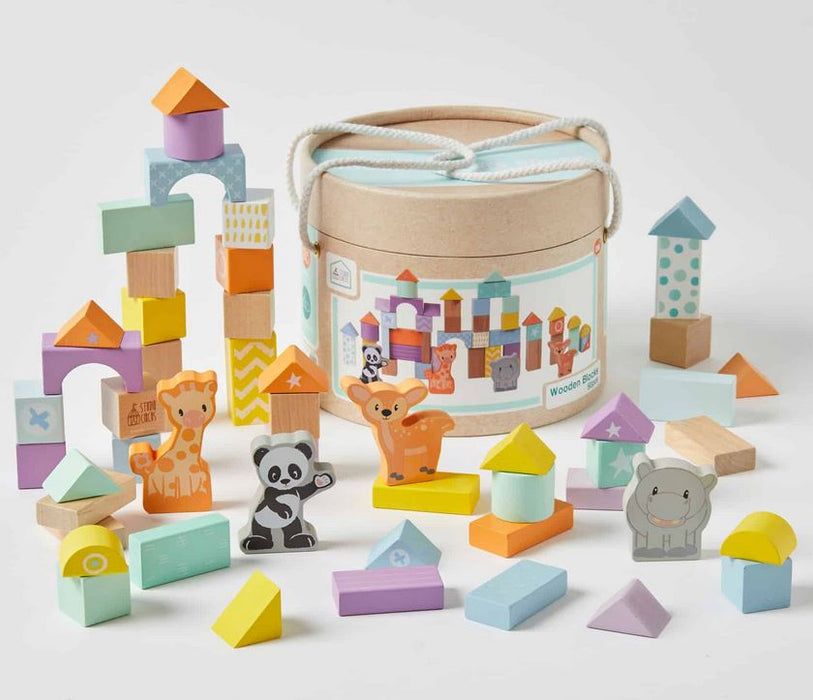 Wooden Blocks Set With Animal Shapes 50 Pc Bucket