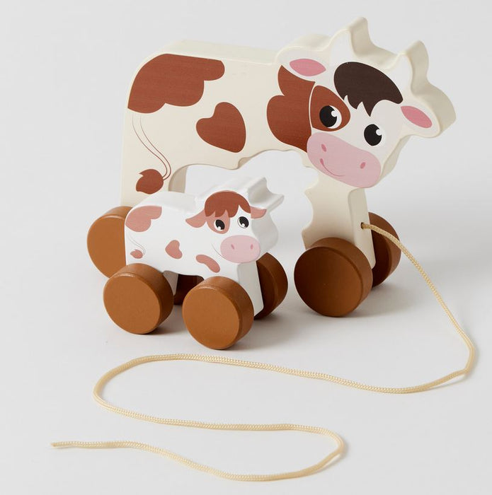 Wooden Pull A-long Cow And Baby Calf Toy