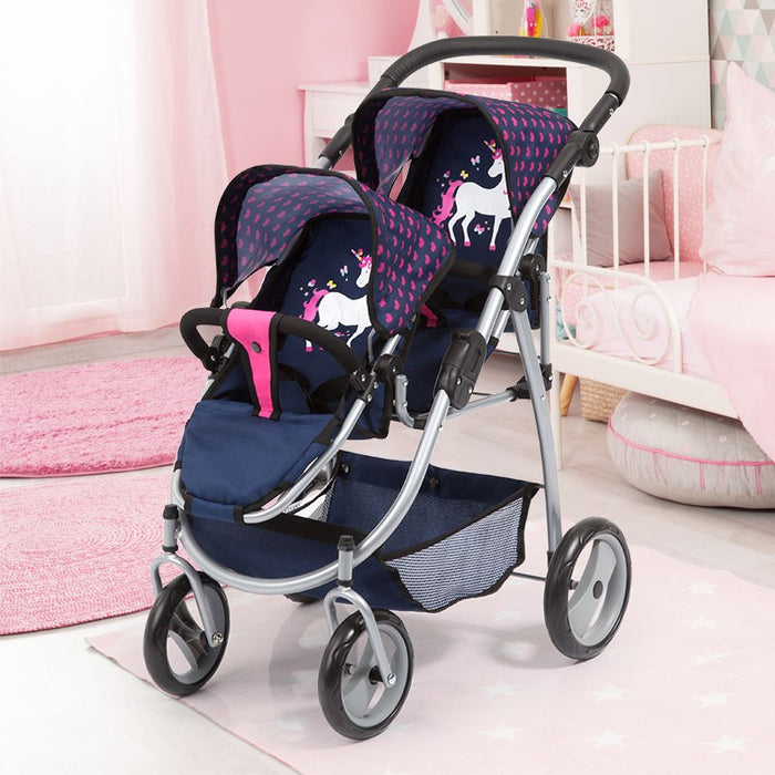 Bayer Twin Tandem Doll Pram-blue With Pink Hearts
