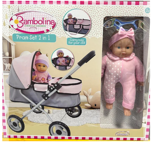 Bambolina Doll & Pram 2 In 1 Set