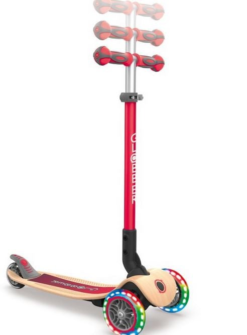 Globber Primo Foldable Red Wooden Deck Scooter With Lights