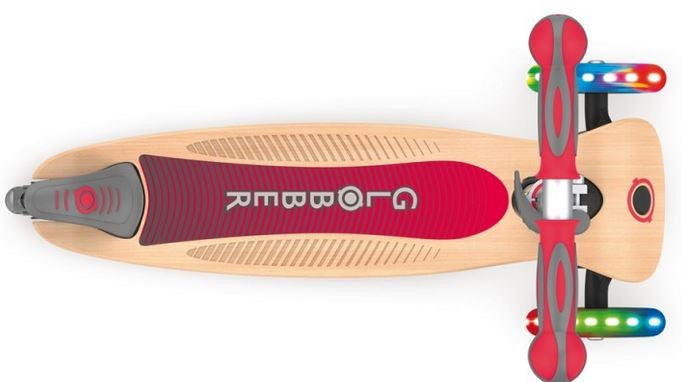 Globber Primo Foldable Red Wooden Deck Scooter With Lights