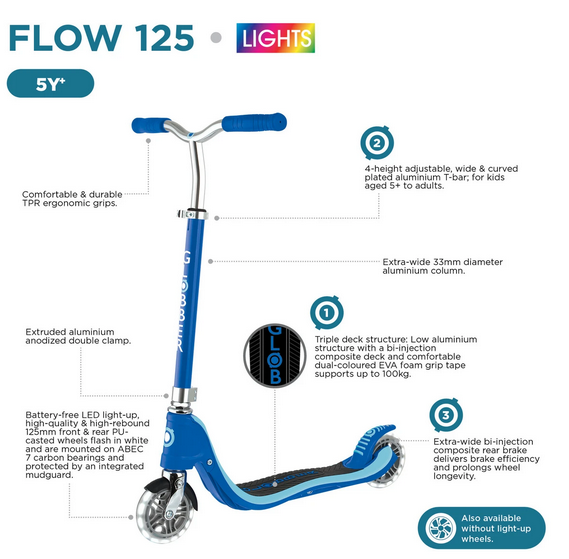 Globber Flow 125 Scooter 2 Wheels With Lights -blue