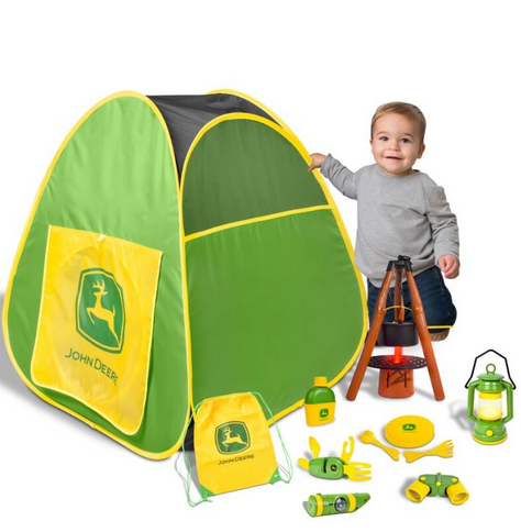 John Deere Pop-up Camping Tent Set With Fire Pit - Working Lantern And Accessories