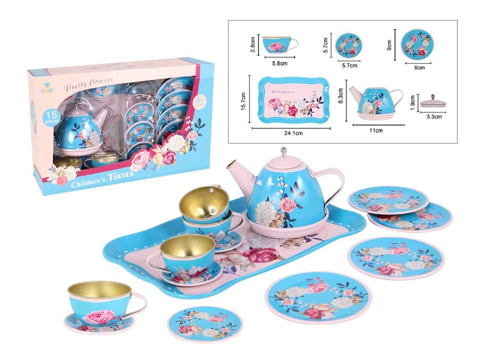15pc Blue & Pink Floral Tea Set With Tray