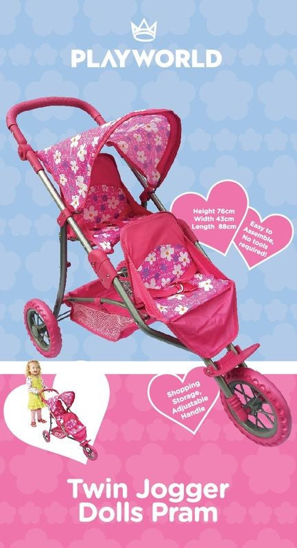Playworld Twin Jogger Pink Dolls Pram