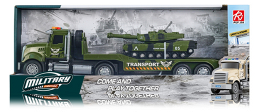 Military Trailer Transporter Friction With Tank - Lights & Sound Assorted