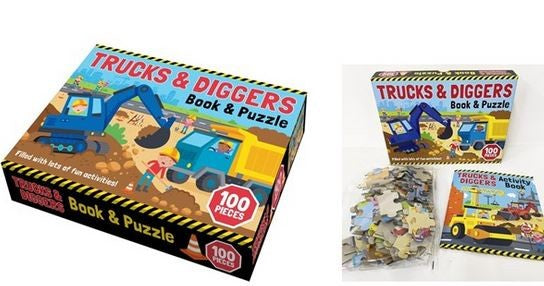 Trucks & Diggers Book & 100pc Puzzle Set